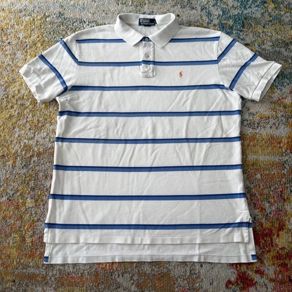 Polo by Ralph Lauren Striped Polo Shirt XL - White & Blue Short Sleeve